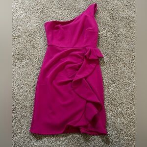 Hello Molly One-Shoulder Ruffle Midi Dress in Fuchsia